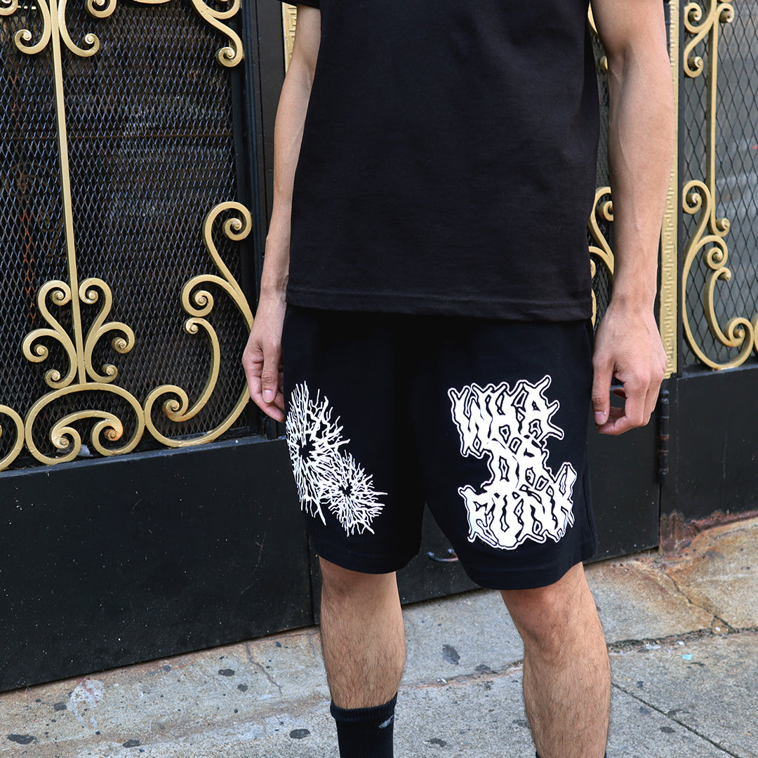 WHADAFUNK Shattered Black Shorts with bold shattered pattern design for streetwear.