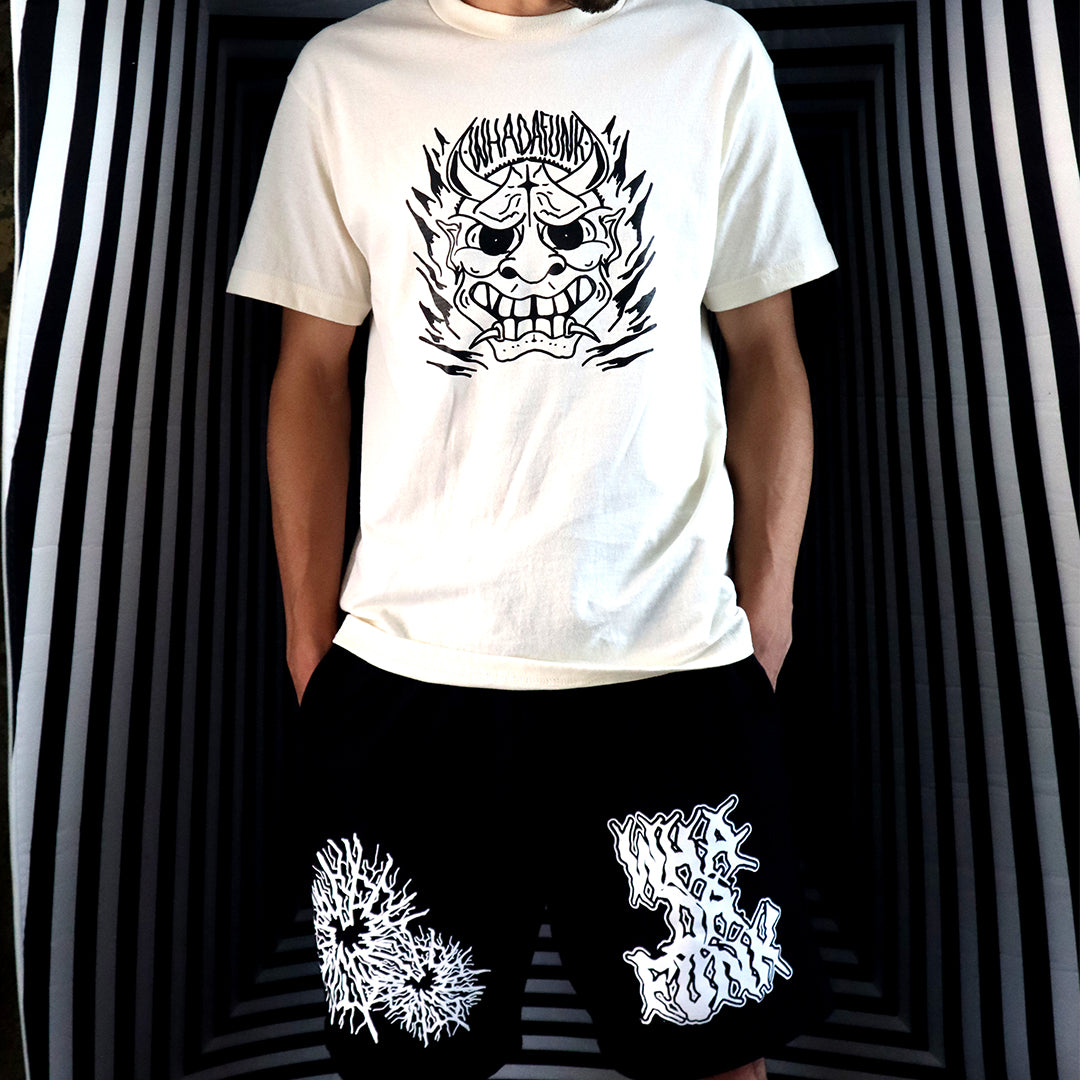 WHADAFUNK Hannya Mask Cream T-Shirt – Tattoo-Inspired Streetwear Design in Cream.