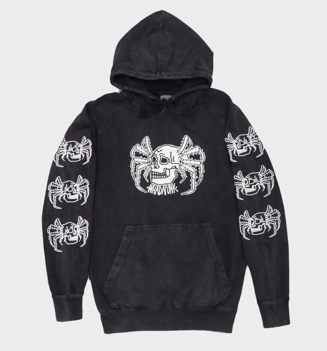 Hand-drawn spider and skull design on hoodie