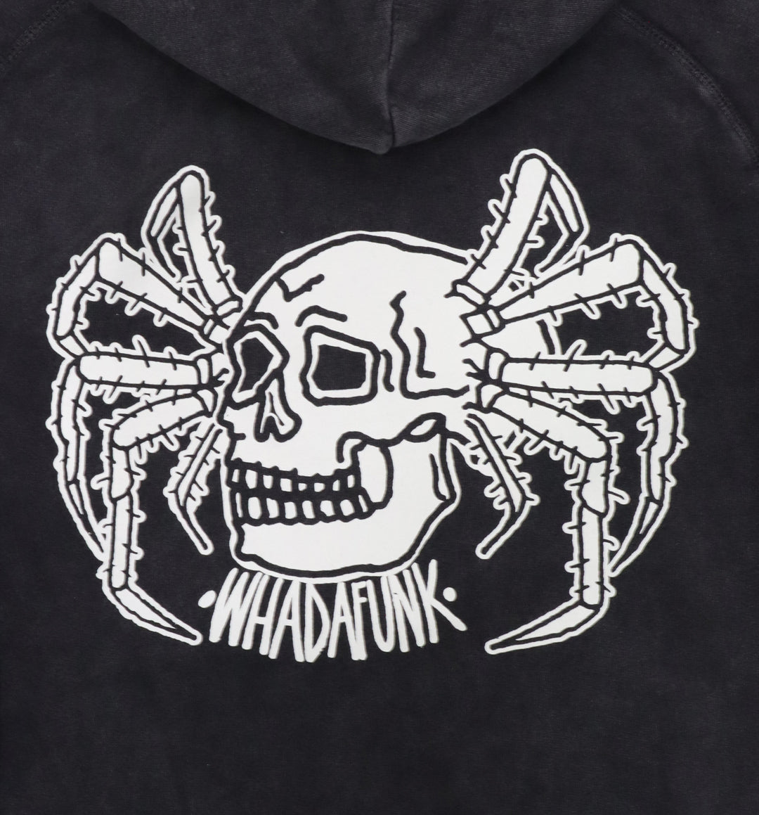 Back of hand-drawn spider and skull design on hoodie details