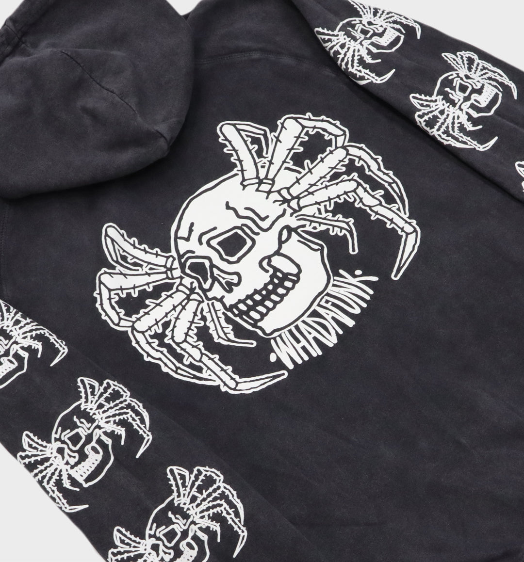 Back of hand-drawn spider and skull design on hoodie angle