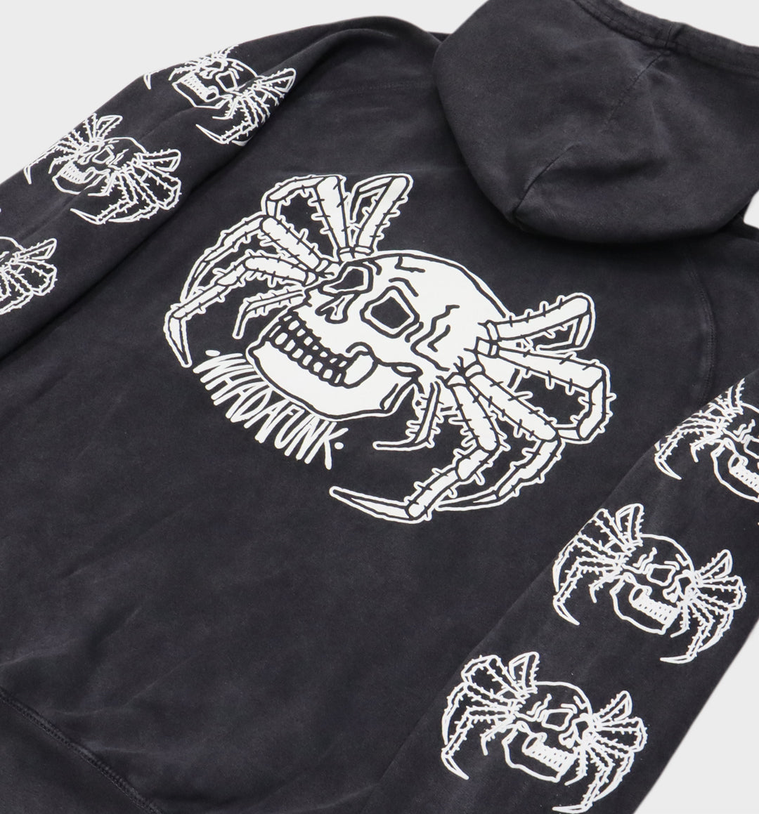Back of hand-drawn spider and skull design on hoodie angle