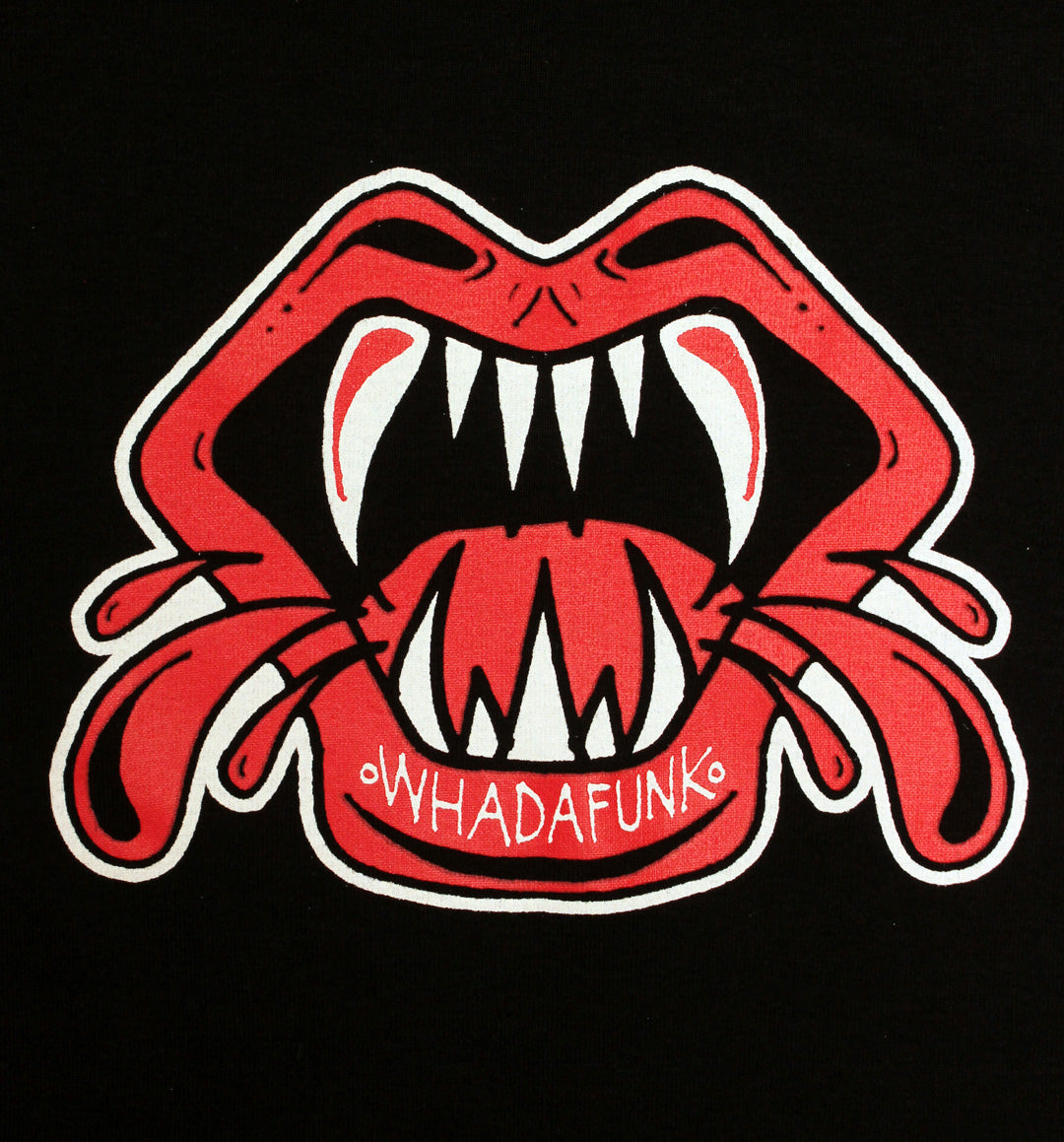 WHADAFUNK Vamp Mouth Crop Tee featuring a bold vampire lips design, perfect for edgy women's streetwear.
