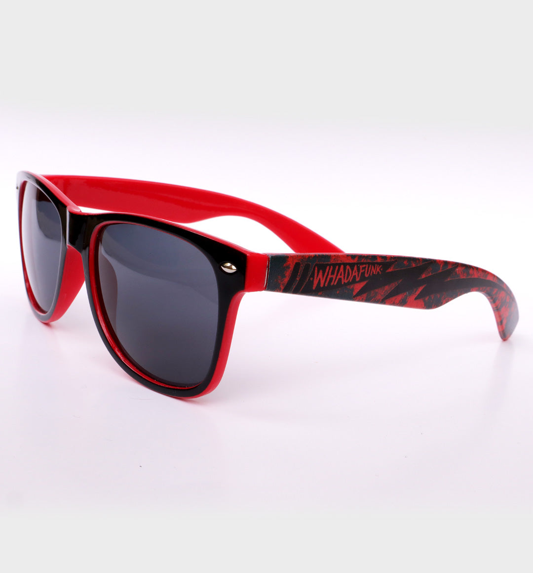 WHADAFUNK Red Lightning Sunglasses with bold lightning bolt design and red frames for streetwear style.