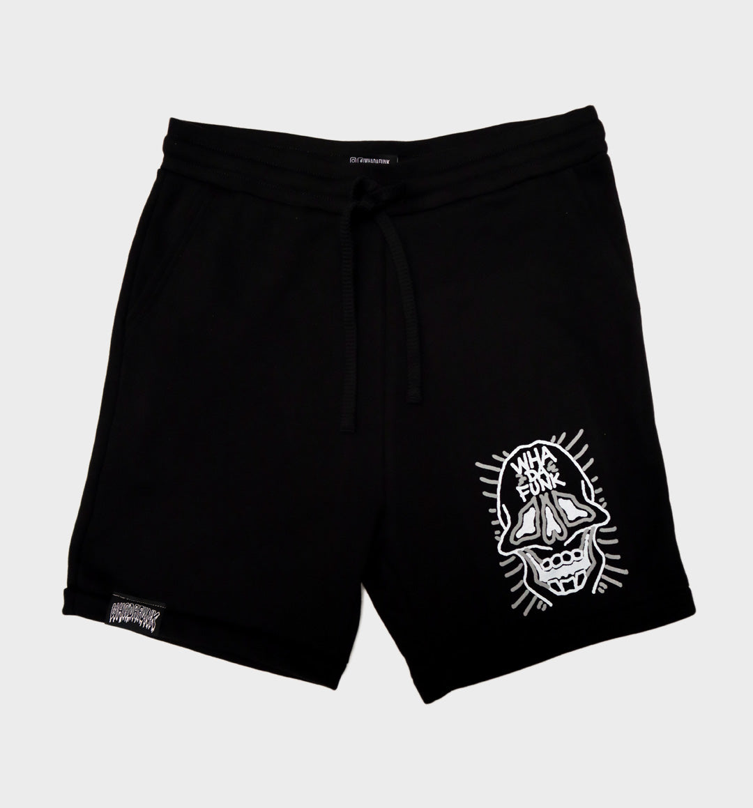 WHADAFUNK Skull Face Men's Shorts featuring a bold skull graphic design for streetwear style.