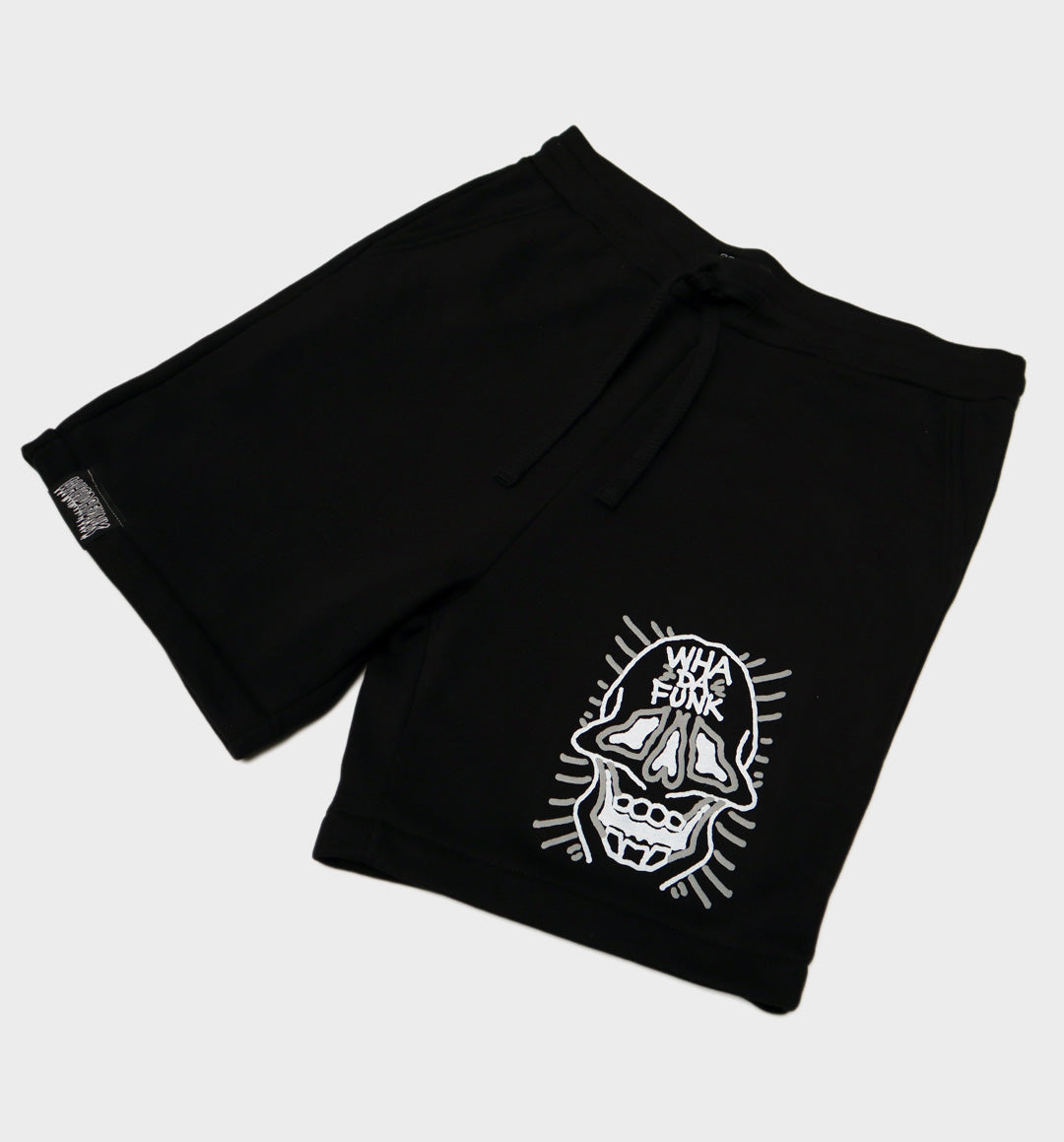 WHADAFUNK Skull Face Men's Shorts featuring a bold skull graphic design for streetwear style.