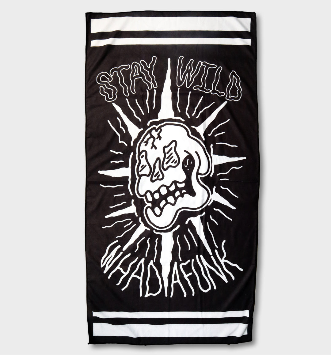 WHADAFUNK Stay Wild Beach Towel featuring bold and vibrant design perfect for the beach or pool.