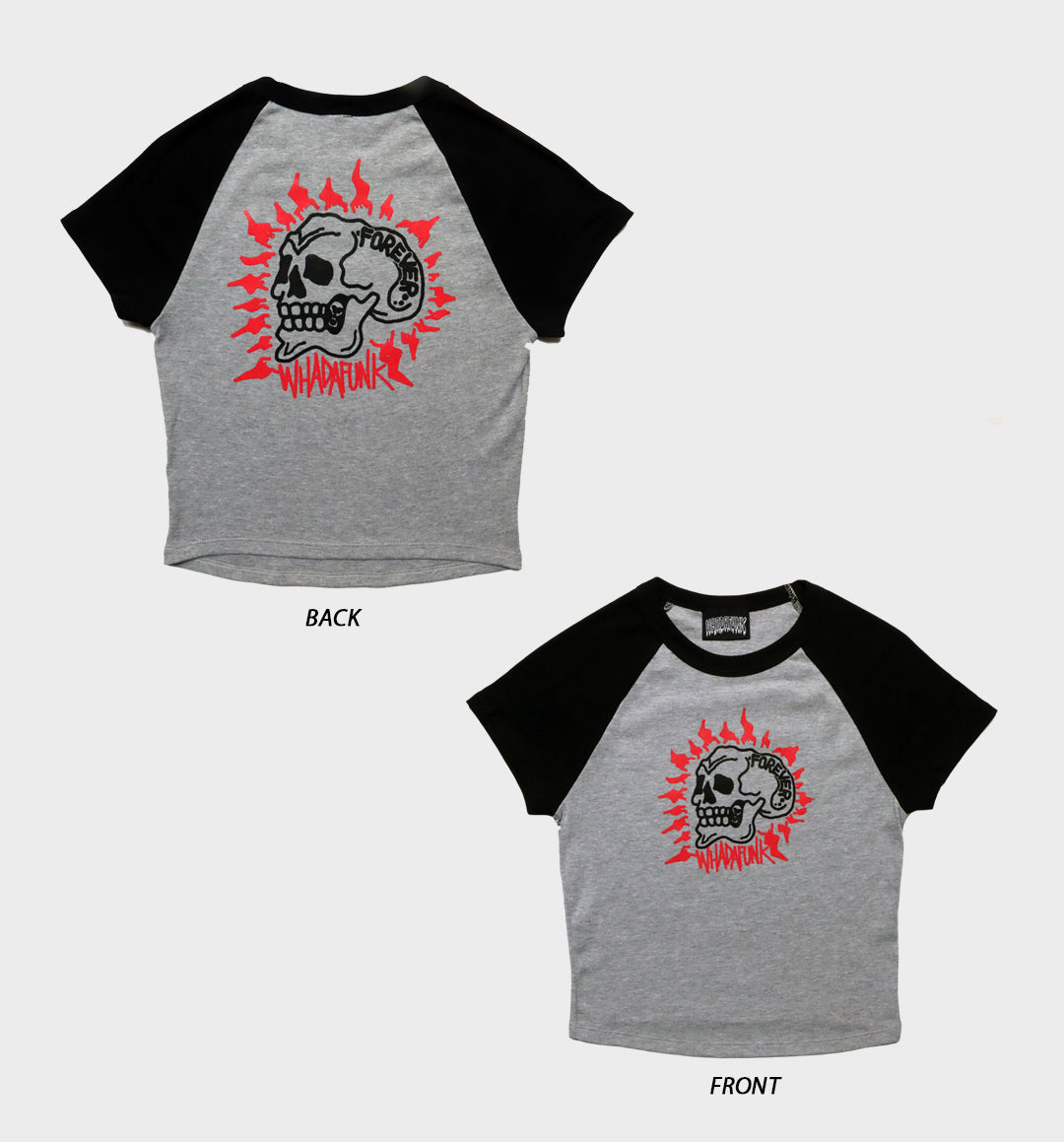 WHADAFUNK Forever Skull Two-Tone Crop Top with bold skull graphic for streetwear lovers.