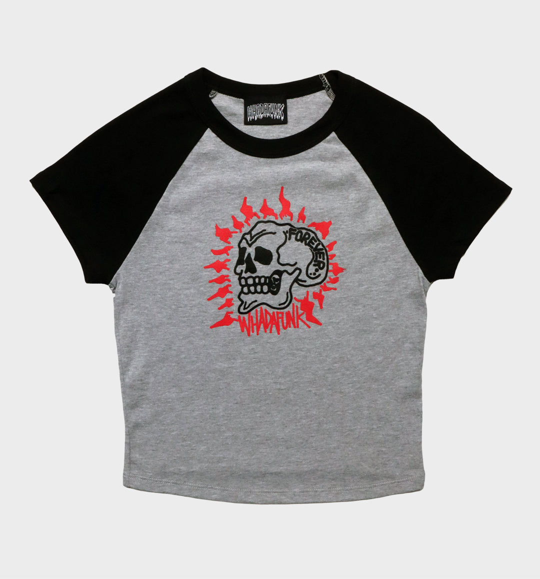 WHADAFUNK Forever Skull Two-Tone Crop Top with bold skull graphic for streetwear lovers.