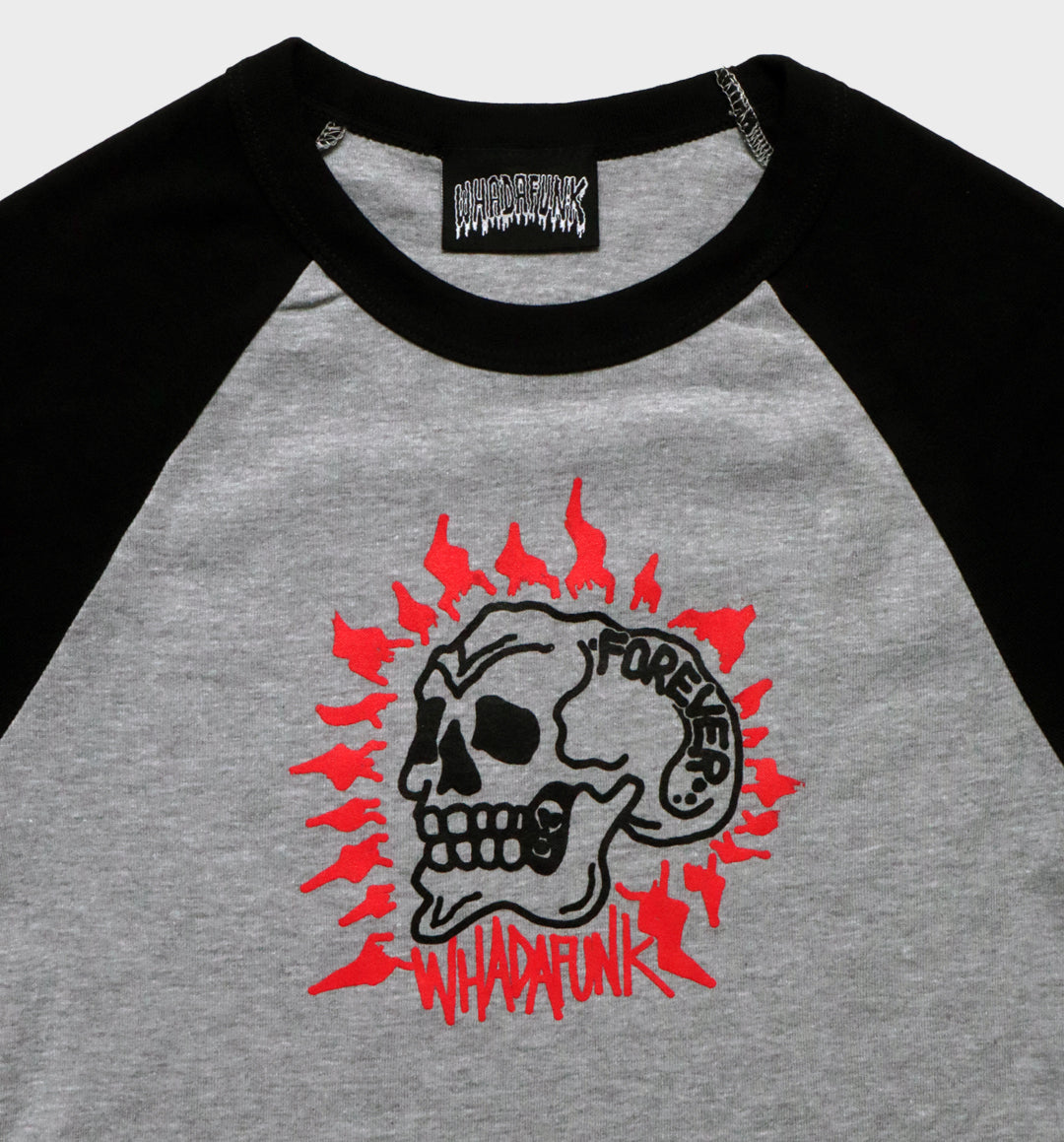 WHADAFUNK Forever Skull Two-Tone Crop Top with bold skull graphic for streetwear lovers.