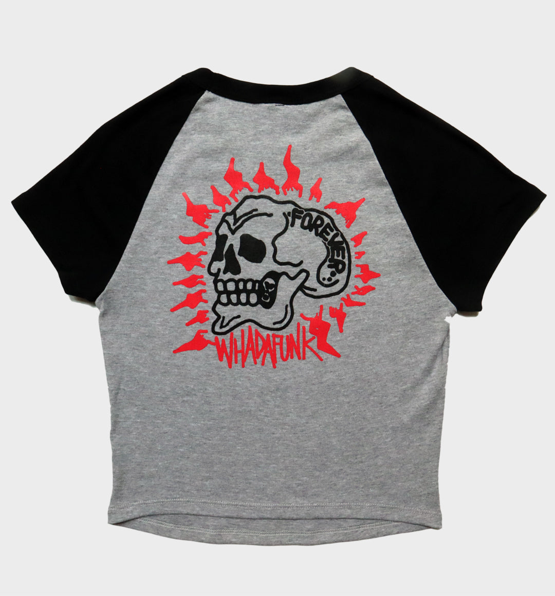 WHADAFUNK Forever Skull Two-Tone Crop Top with bold skull graphic for streetwear lovers.