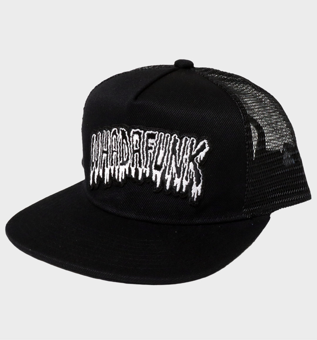 WHADAFUNK Drippy Trucker Hat featuring a bold dripping logo for streetwear lovers.