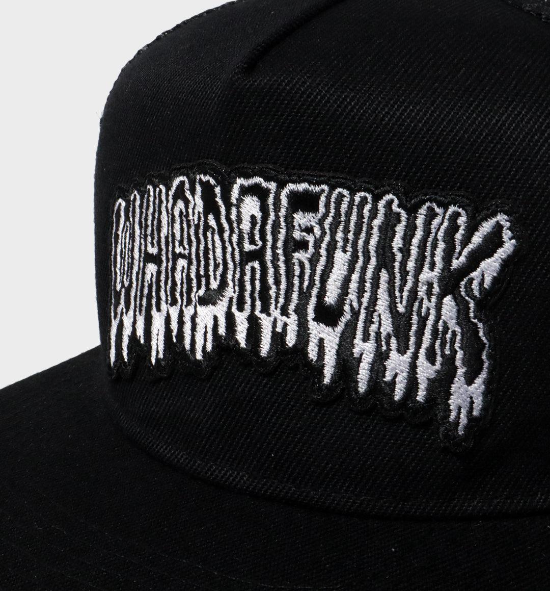 WHADAFUNK Drippy Trucker Hat featuring a bold dripping logo for streetwear lovers.