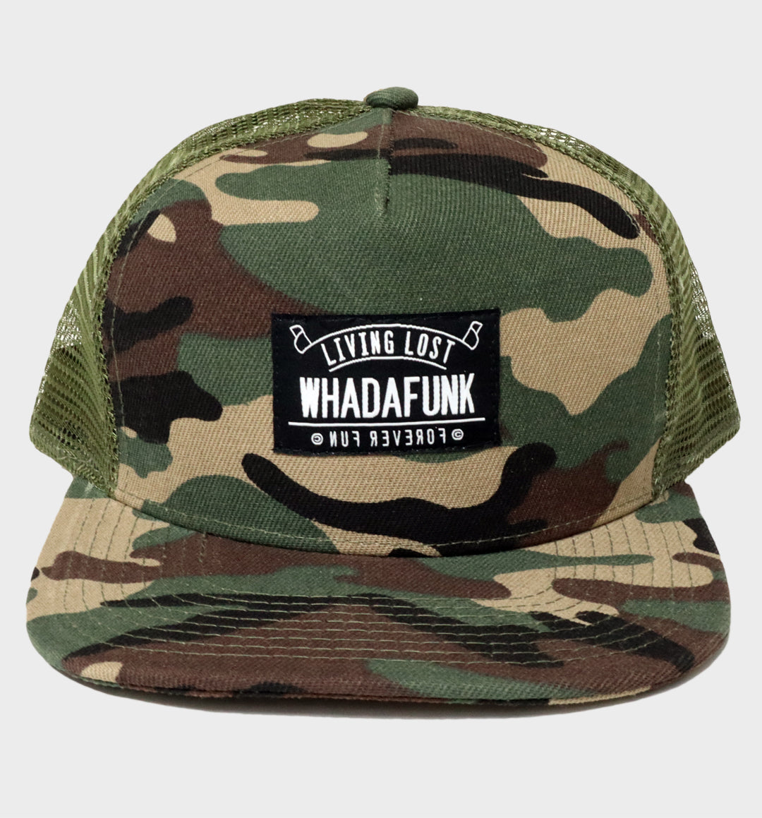 WHADAFUNK Living Lost Camo Trucker Hat with bold logo and camo design for streetwear enthusiasts.