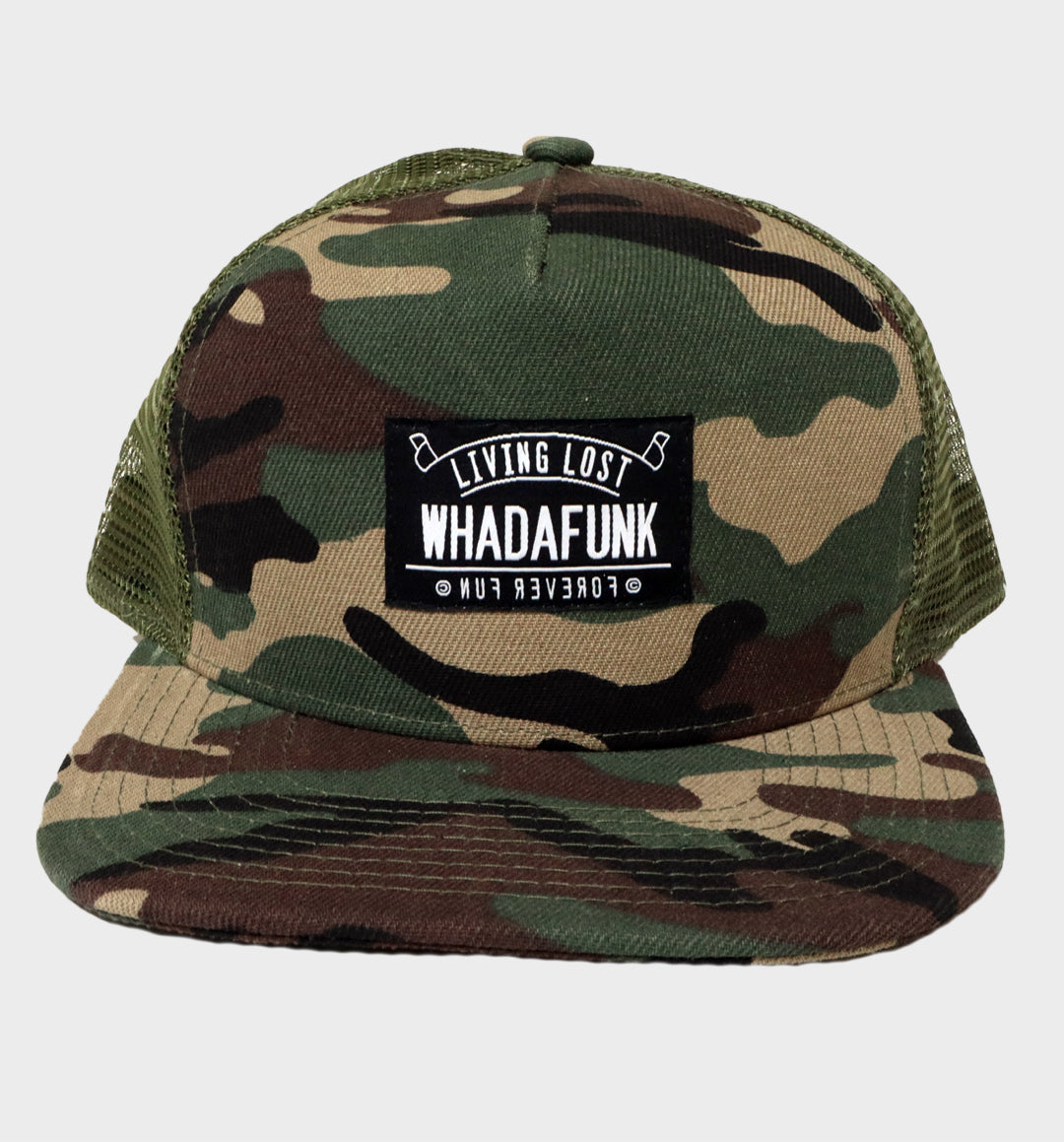 WHADAFUNK Living Lost Camo Trucker Hat with bold logo and camo design for streetwear enthusiasts.