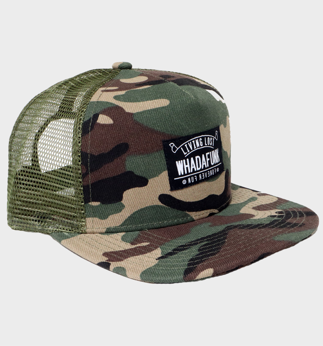 WHADAFUNK Living Lost Camo Trucker Hat with bold logo and camo design for streetwear enthusiasts.