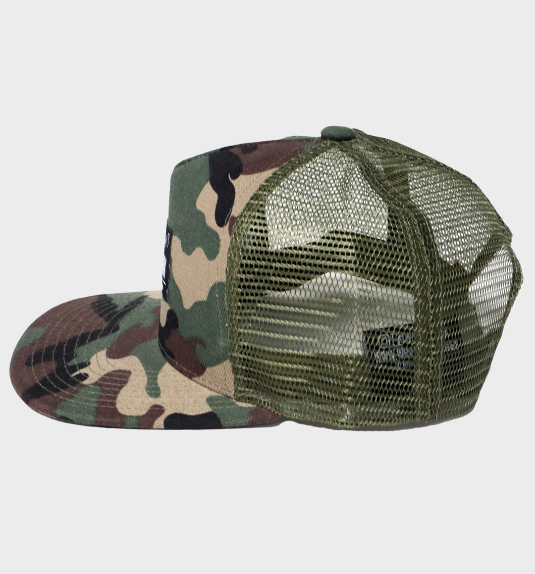 WHADAFUNK Living Lost Camo Trucker Hat with bold logo and camo design for streetwear enthusiasts.