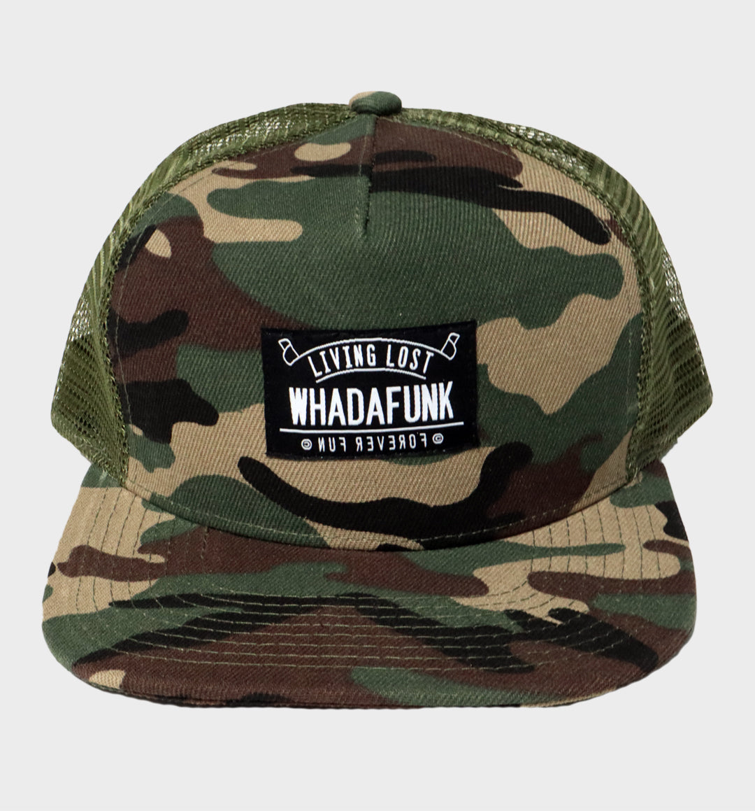 WHADAFUNK Living Lost Camo Trucker Hat with bold logo and camo design for streetwear enthusiasts.
