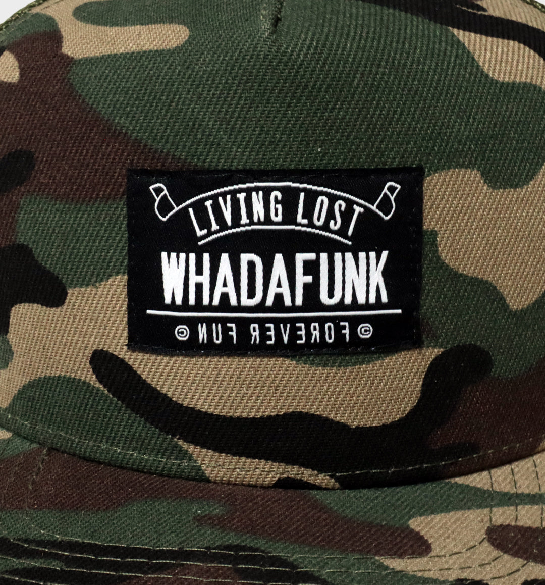 WHADAFUNK Living Lost Camo Trucker Hat with bold logo and camo design for streetwear enthusiasts.