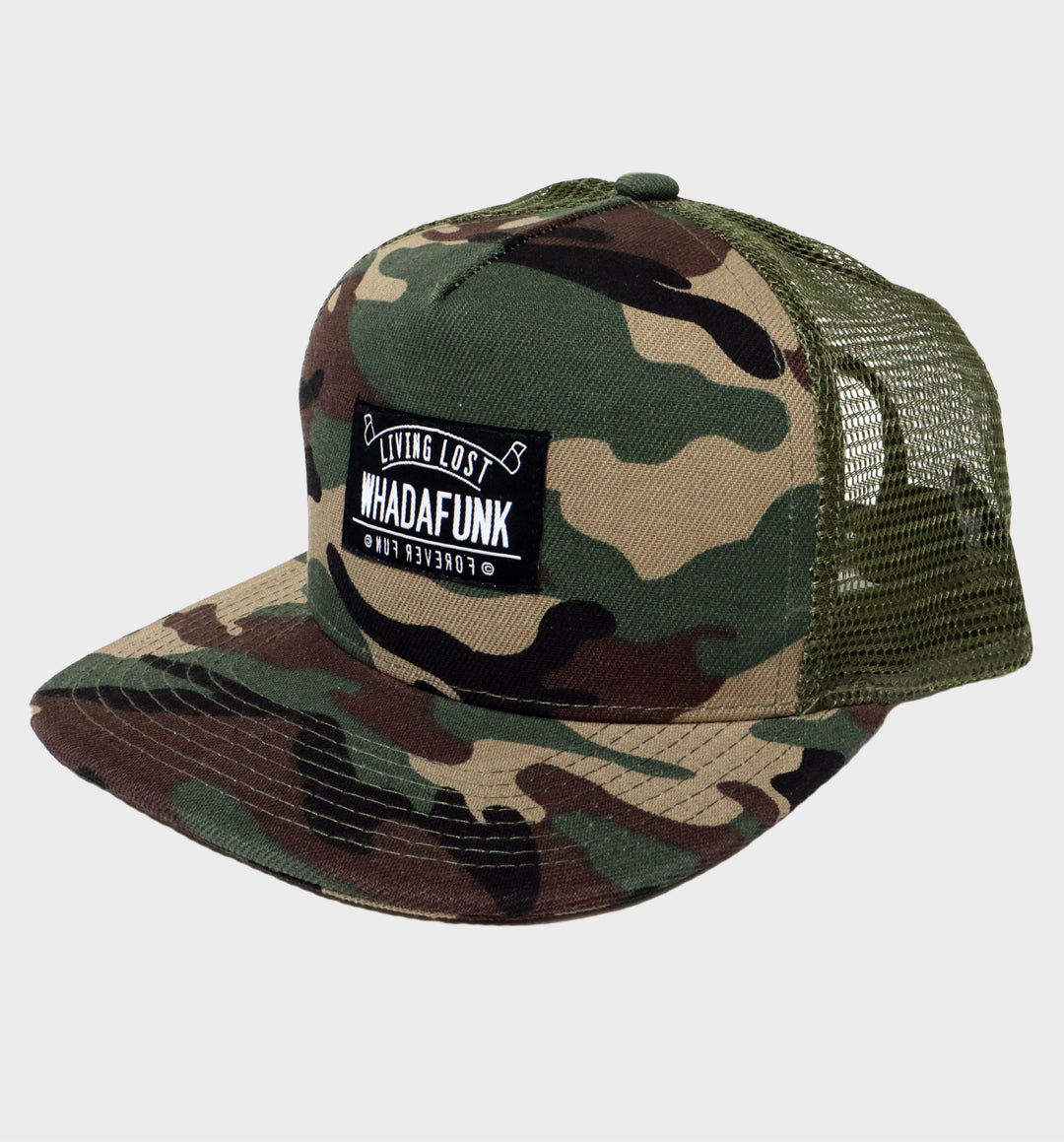 WHADAFUNK Living Lost Camo Trucker Hat with bold logo and camo design for streetwear enthusiasts.