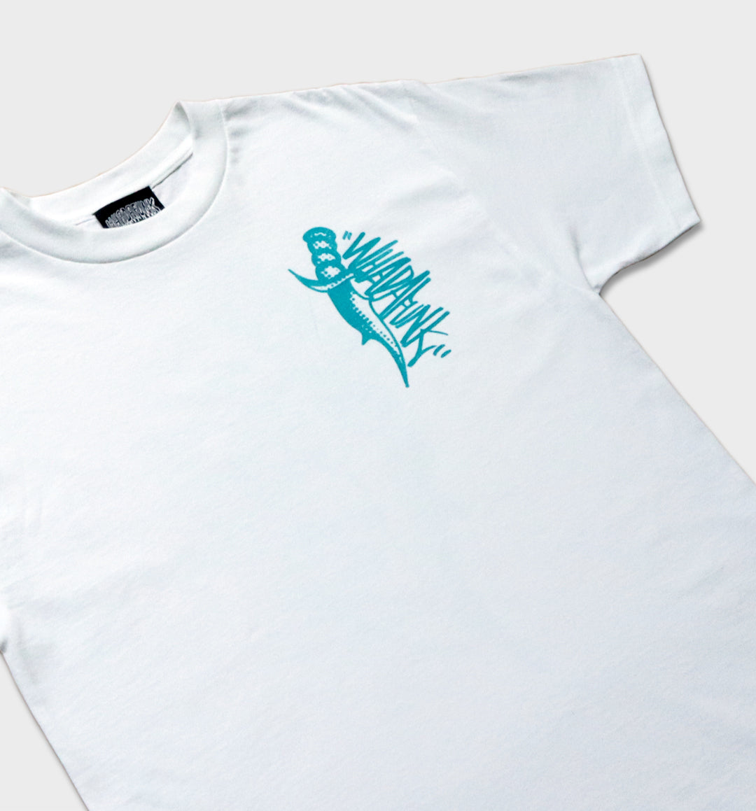 WHADAFUNK Dagger White T-Shirt featuring a bold streetwear-inspired dagger graphic design.