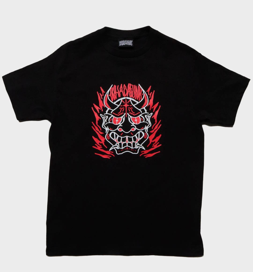 WHADAFUNK Hannya Mask Black T-Shirt – Tattoo-Inspired Streetwear Design.