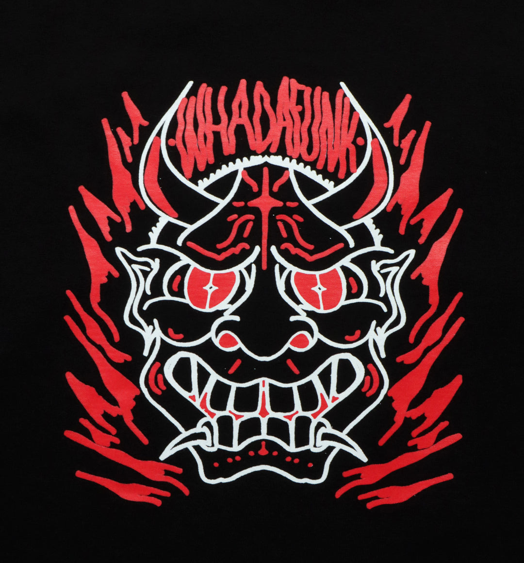 WHADAFUNK Hannya Mask Black T-Shirt – Tattoo-Inspired Streetwear Design.