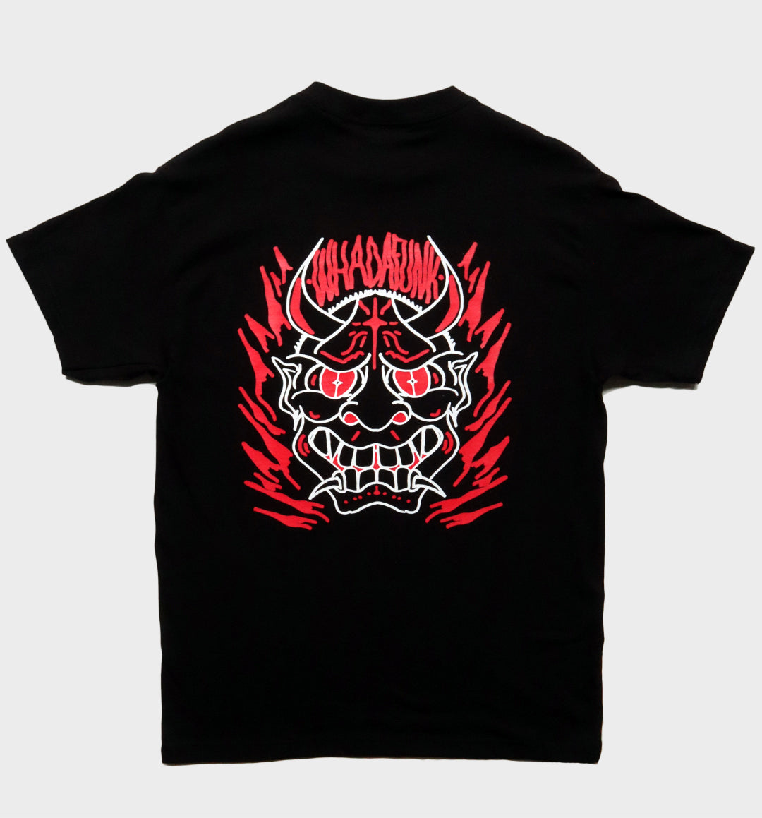 WHADAFUNK Hannya Mask Black T-Shirt – Tattoo-Inspired Streetwear Design.