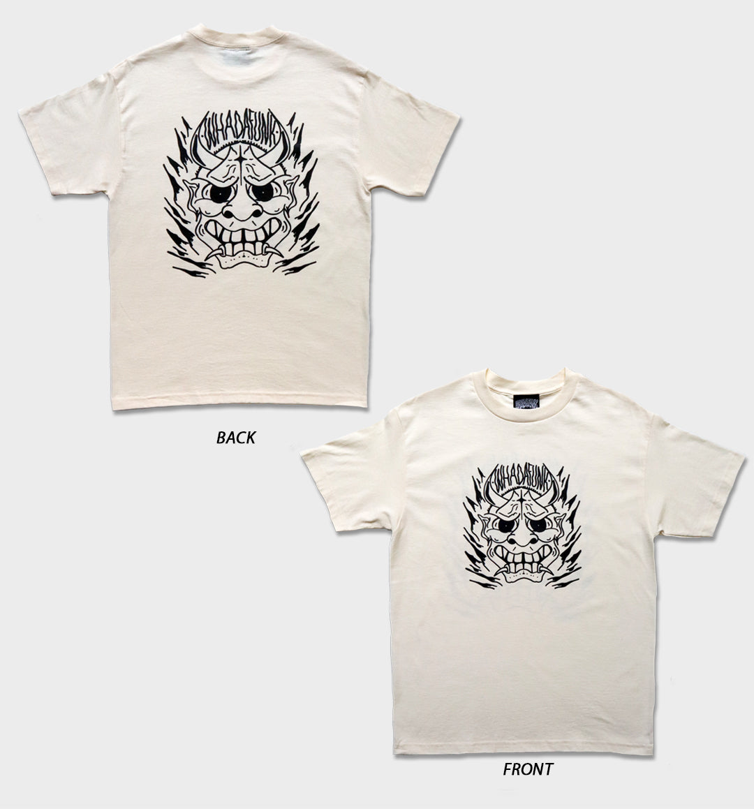 WHADAFUNK Hannya Mask Cream T-Shirt – Tattoo-Inspired Streetwear Design in Cream.