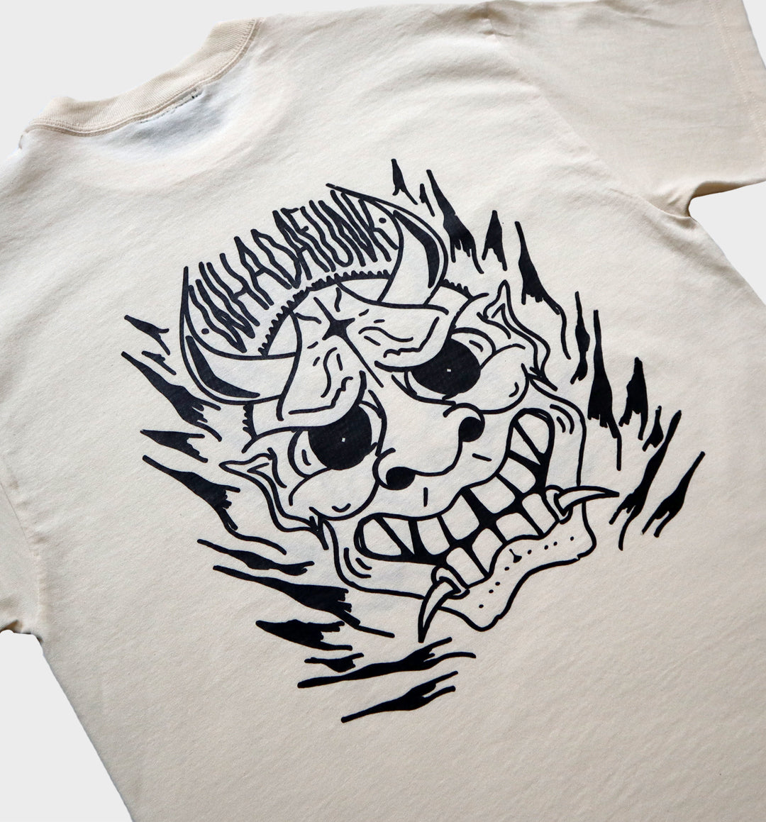 WHADAFUNK Hannya Mask Cream T-Shirt – Tattoo-Inspired Streetwear Design in Cream.