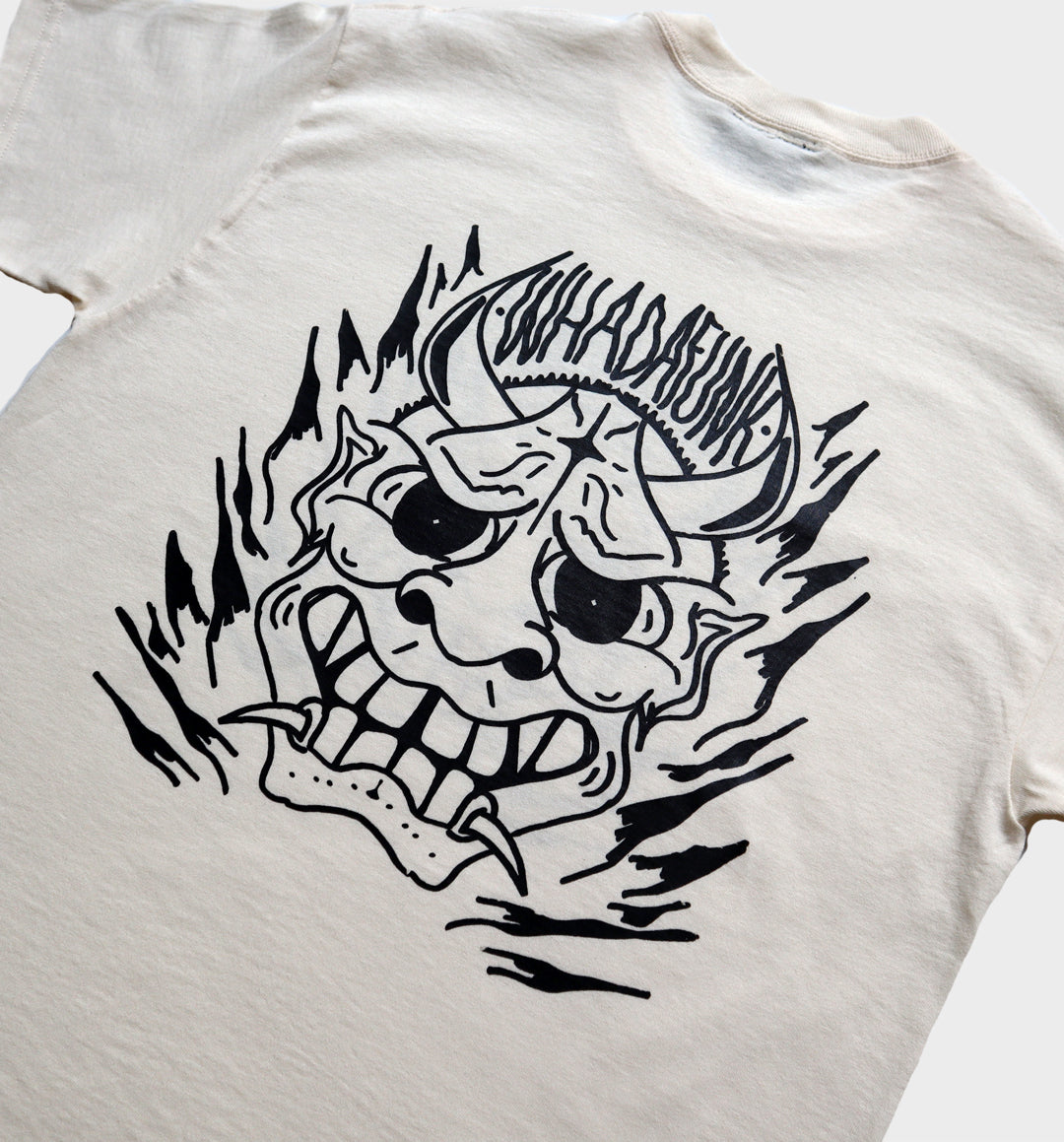 WHADAFUNK Hannya Mask Cream T-Shirt – Tattoo-Inspired Streetwear Design in Cream.