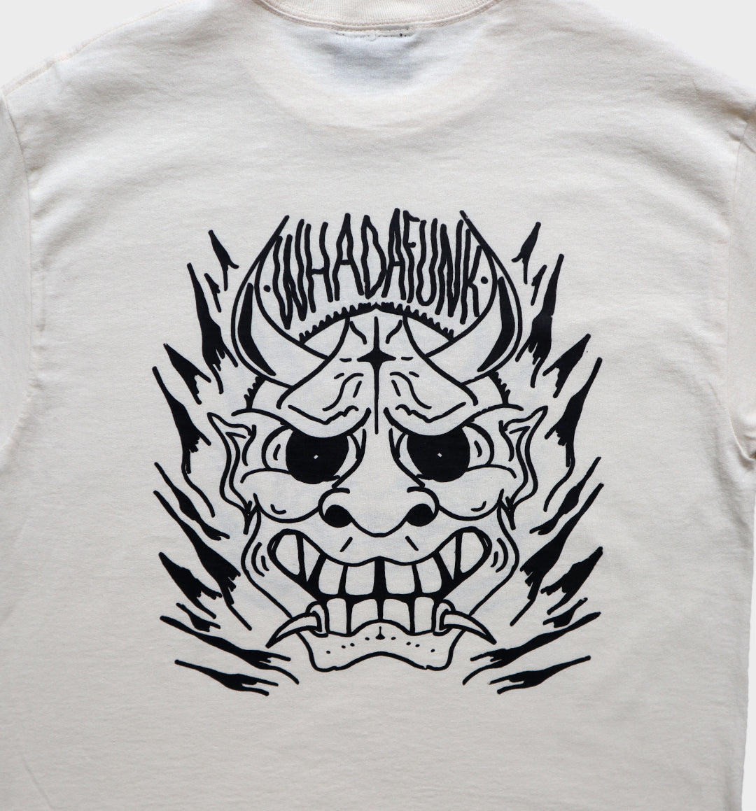 WHADAFUNK Hannya Mask Cream T-Shirt – Tattoo-Inspired Streetwear Design in Cream.