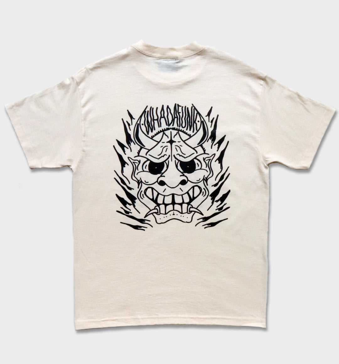 WHADAFUNK Hannya Mask Cream T-Shirt – Tattoo-Inspired Streetwear Design in Cream.