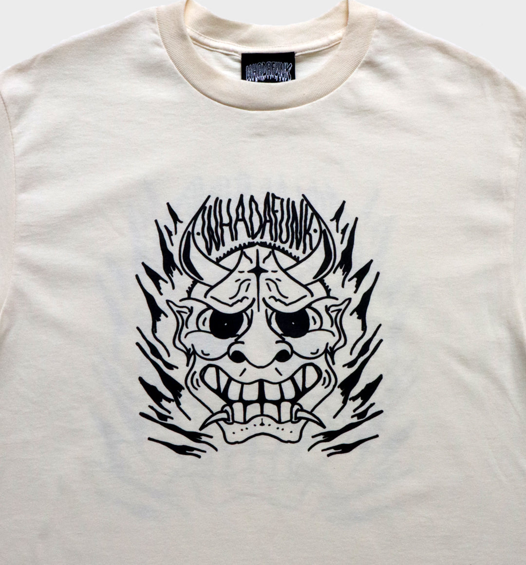 WHADAFUNK Hannya Mask Cream T-Shirt – Tattoo-Inspired Streetwear Design in Cream.