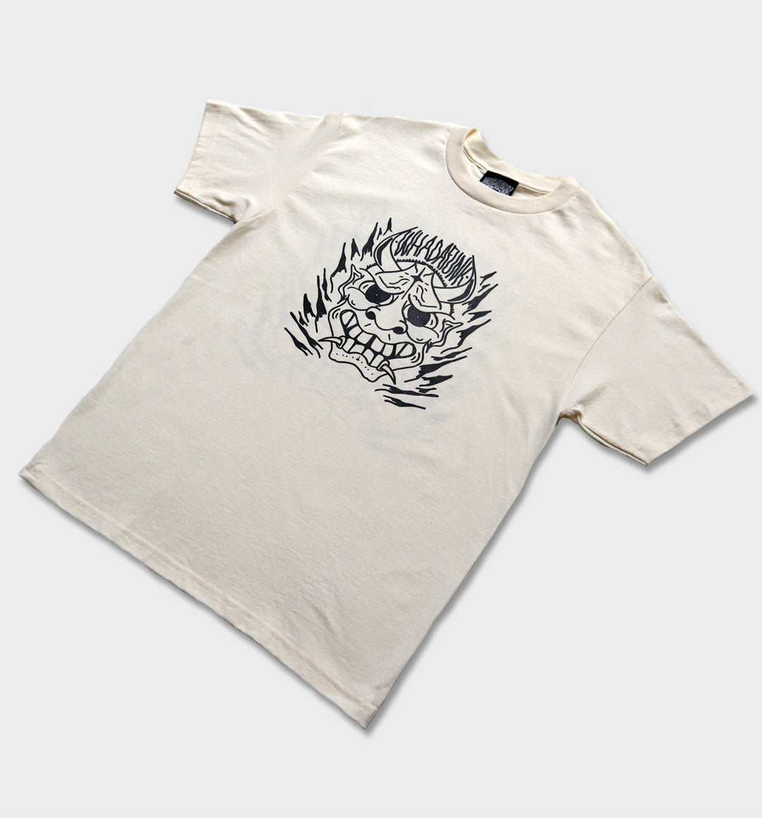 WHADAFUNK Hannya Mask Cream T-Shirt – Tattoo-Inspired Streetwear Design in Cream.