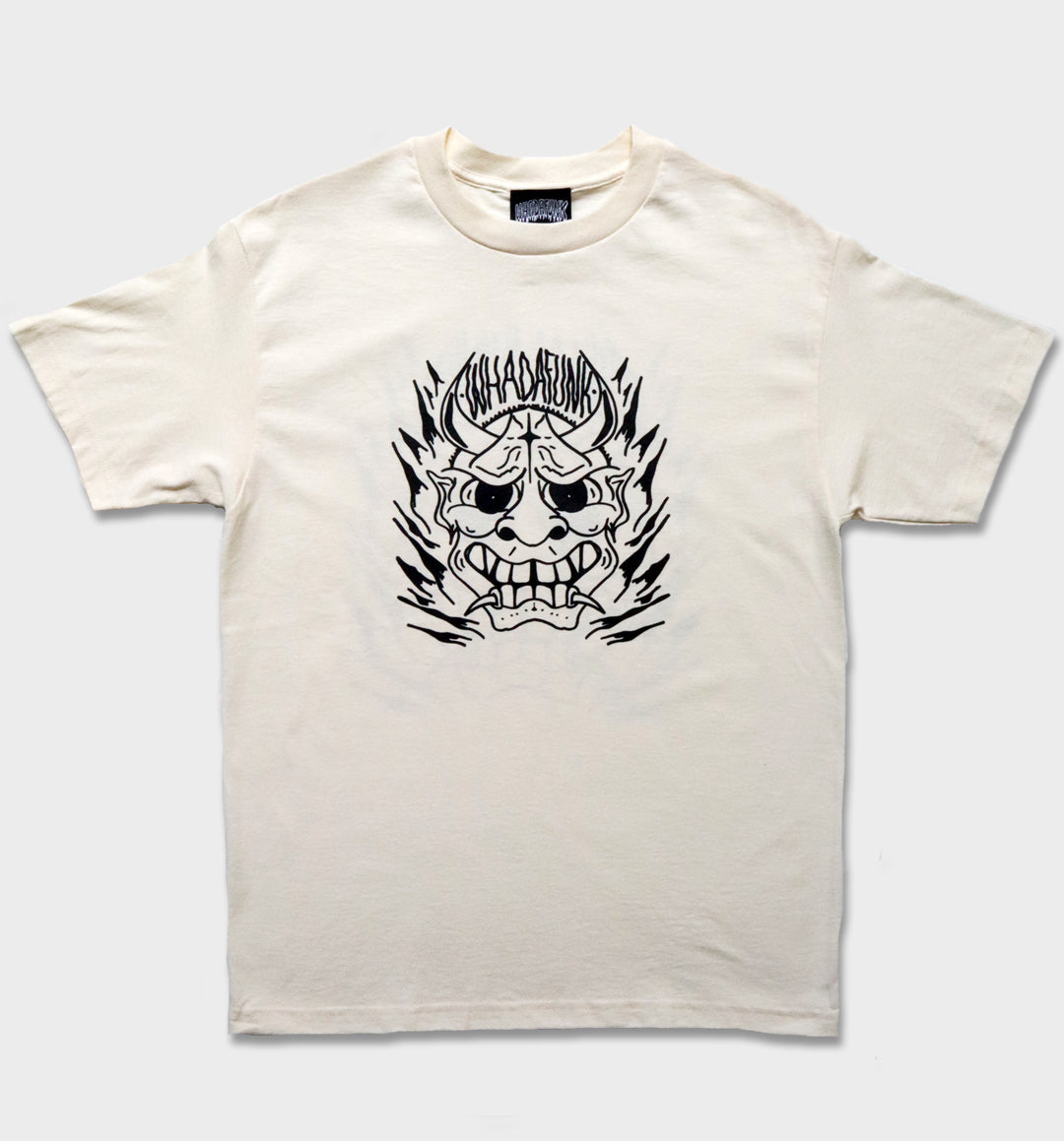 WHADAFUNK Hannya Mask Cream T-Shirt – Tattoo-Inspired Streetwear Design in Cream.