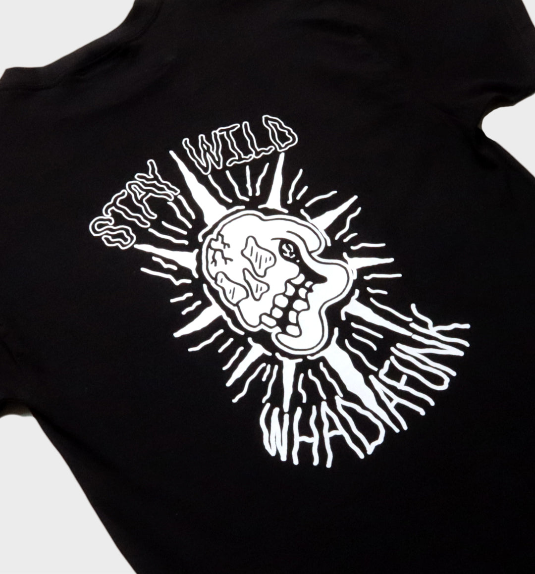 WHADAFUNK Stay Wild Black T-Shirt – Bold Graphic Design for Streetwear Lovers.
