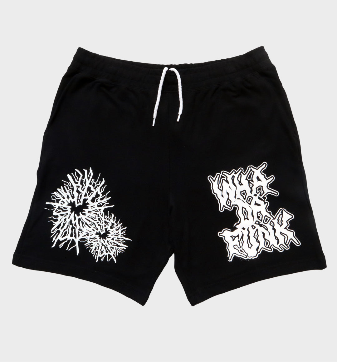 WHADAFUNK Shattered Black Shorts with bold shattered pattern design for streetwear.