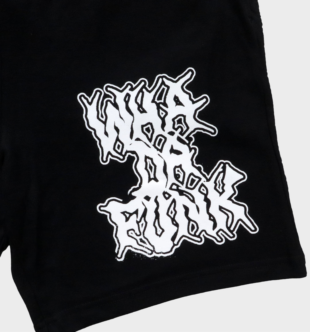 WHADAFUNK Shattered Black Shorts with bold shattered pattern design for streetwear.