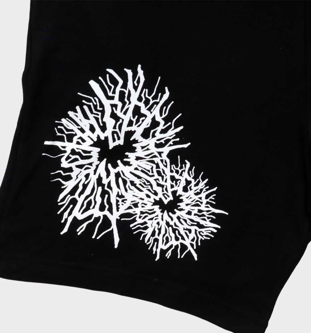 WHADAFUNK Shattered Black Shorts with bold shattered pattern design for streetwear.