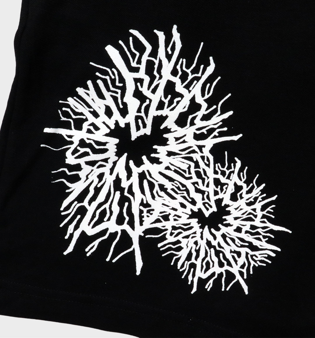 WHADAFUNK Shattered Black Shorts with bold shattered pattern design for streetwear.