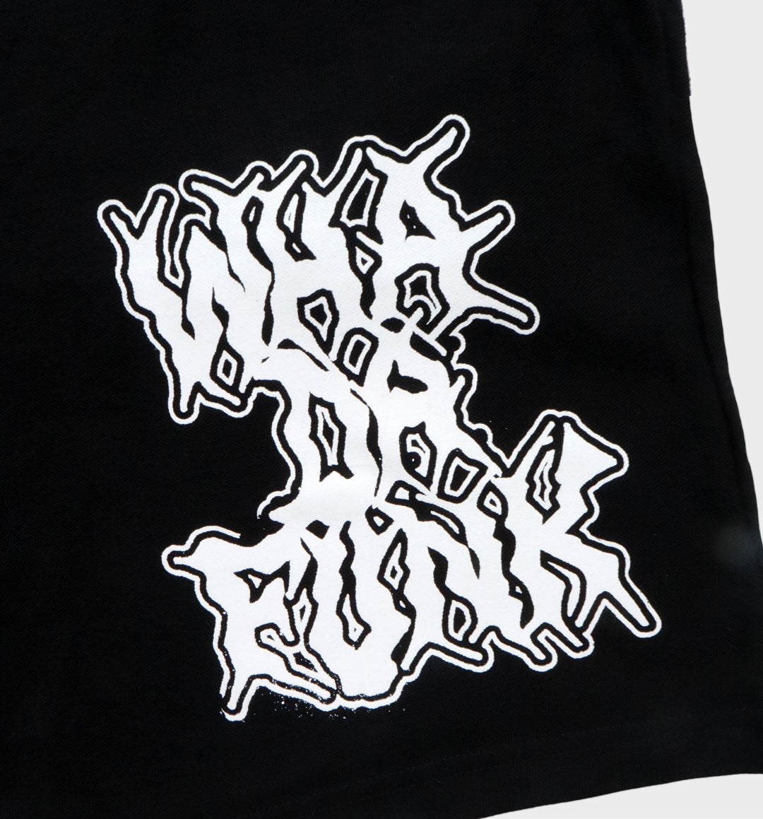 WHADAFUNK Shattered Black Shorts with bold shattered pattern design for streetwear.