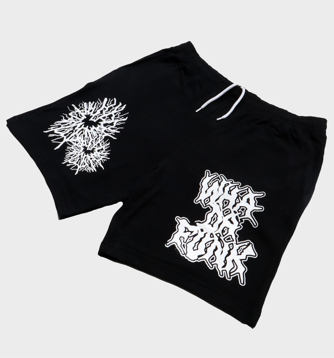 WHADAFUNK Shattered Black Shorts with bold shattered pattern design for streetwear.