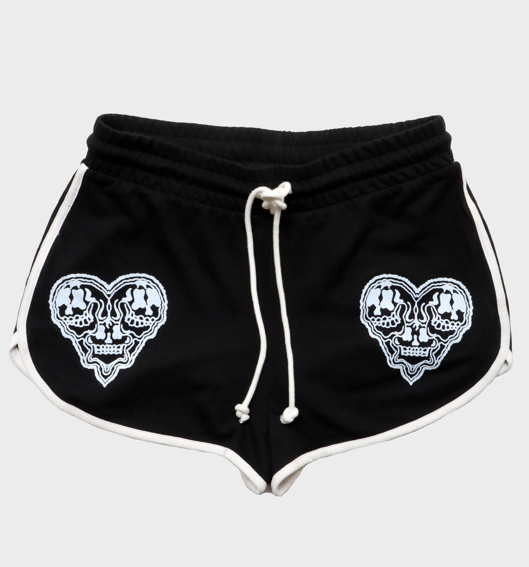 WHADAFUNK Skull Heart Striped Shorts with bold skull and heart graphic design and striped detailing for streetwear style.