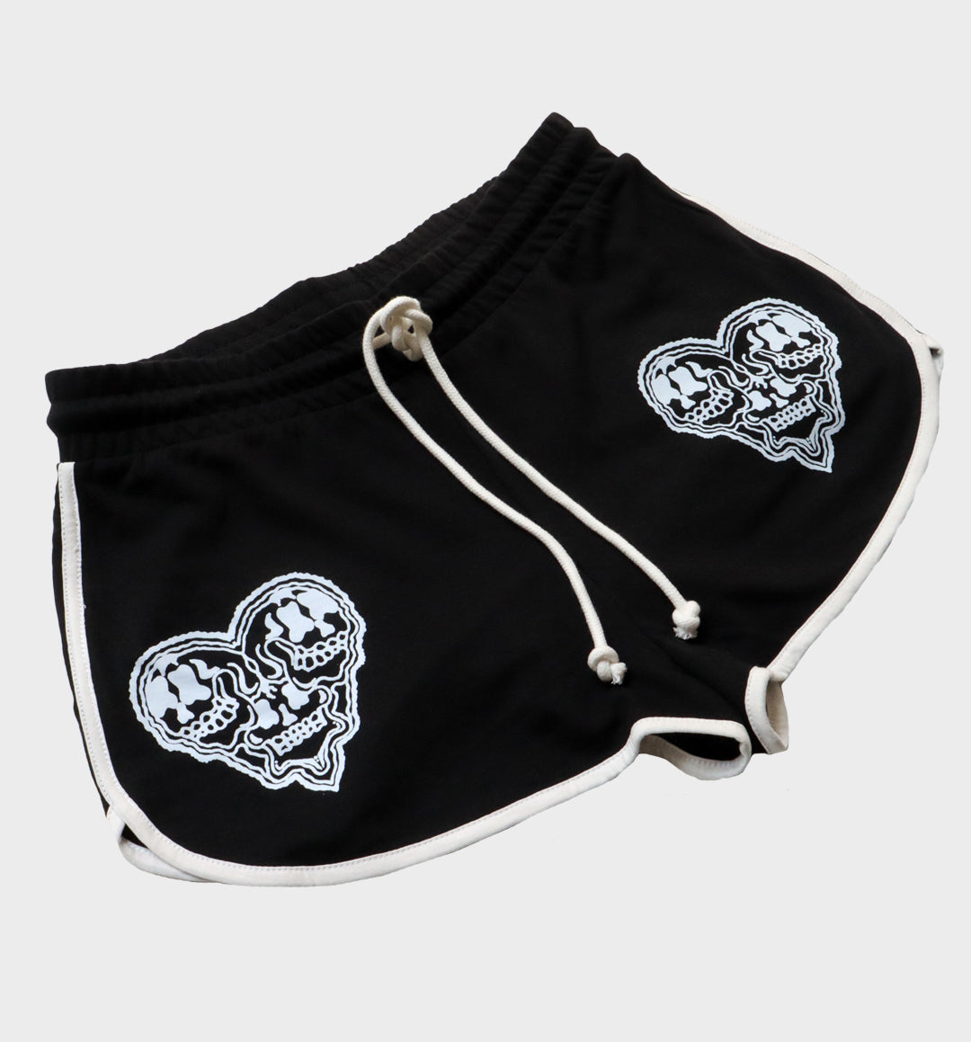 WHADAFUNK Skull Heart Striped Shorts with bold skull and heart graphic design and striped detailing for streetwear style.