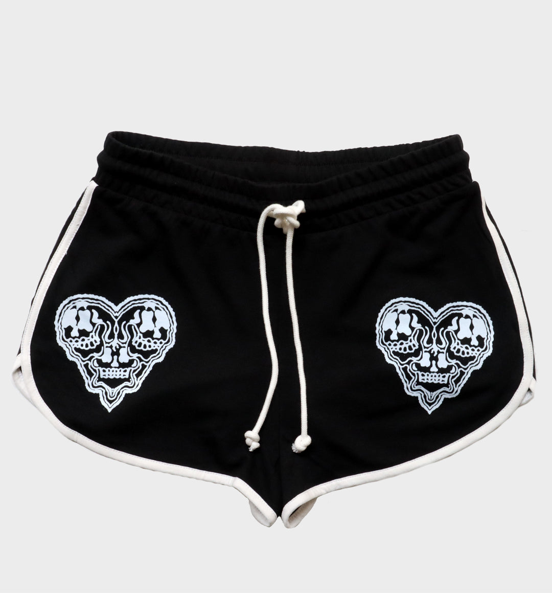 WHADAFUNK Skull Heart Striped Shorts with bold skull and heart graphic design and striped detailing for streetwear style.