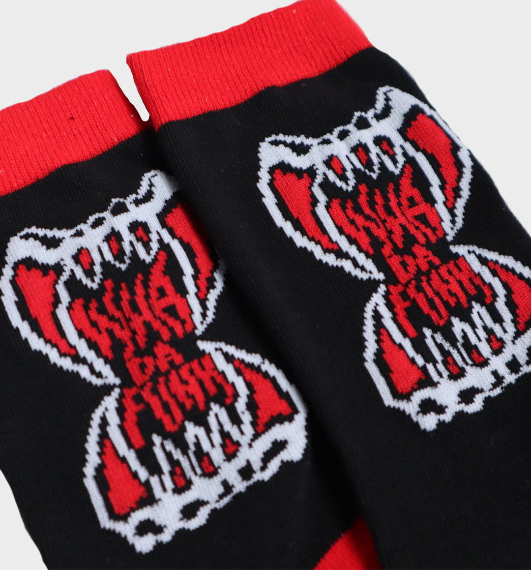 Whadafunk Vampire Mouth Socks featuring bold red lips with vampire fangs design.
