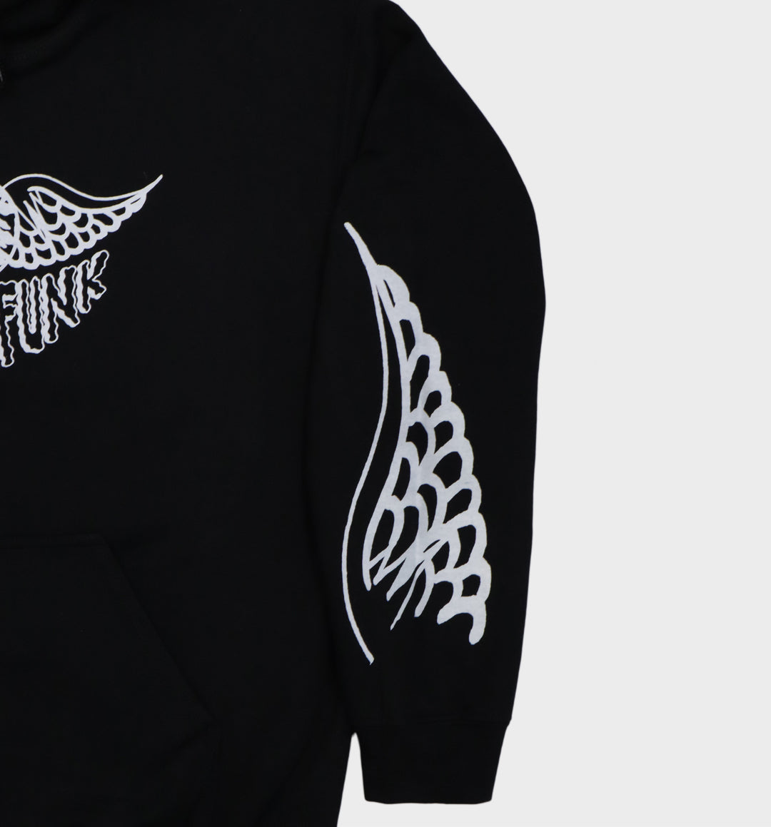 Left Sleeve of hand-drawn winged skull and eye design on hoodie