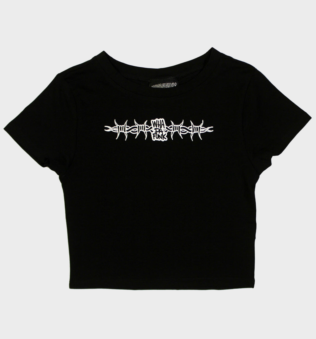 WHADAFUNK Barbed Wire Crop Tee featuring bold barbed wire graphic in streetwear style.