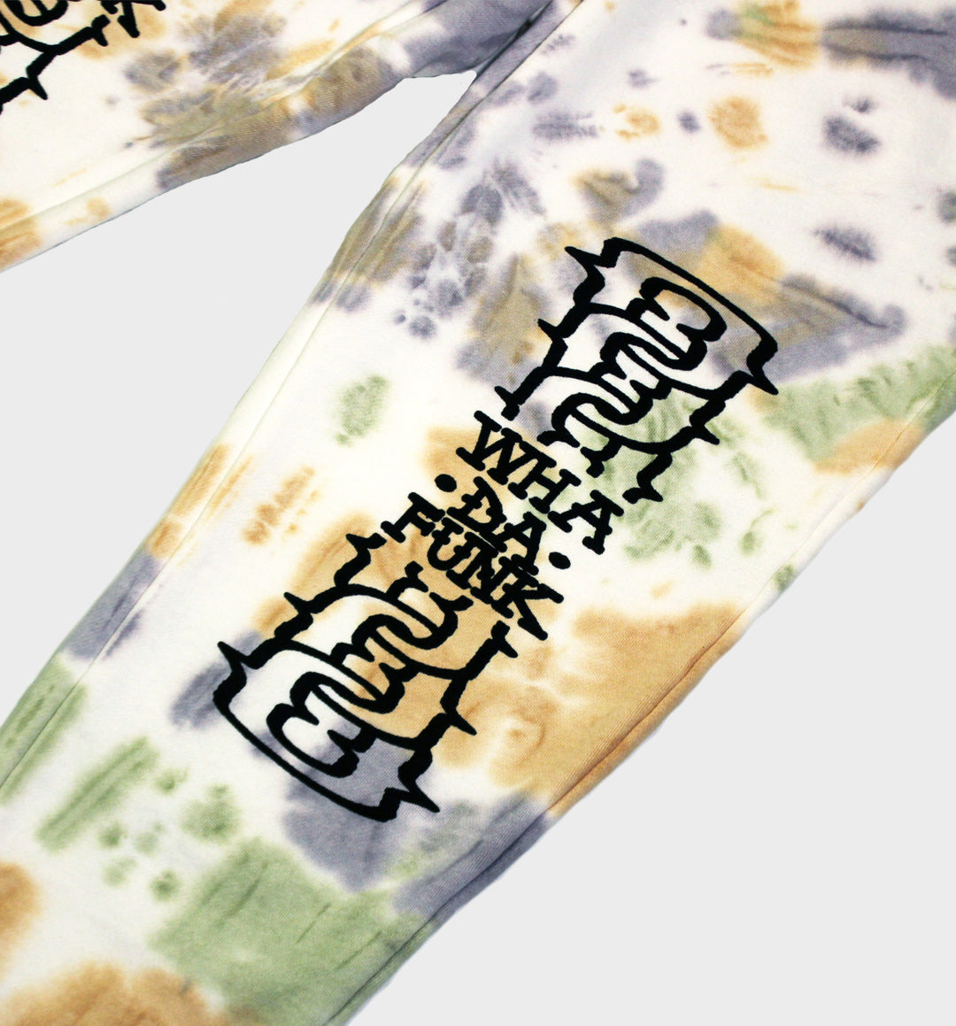 WHADAFUNK Chained Tie-Dye Jogger Sweatpants featuring bold chained graphic and unique tie-dye design.